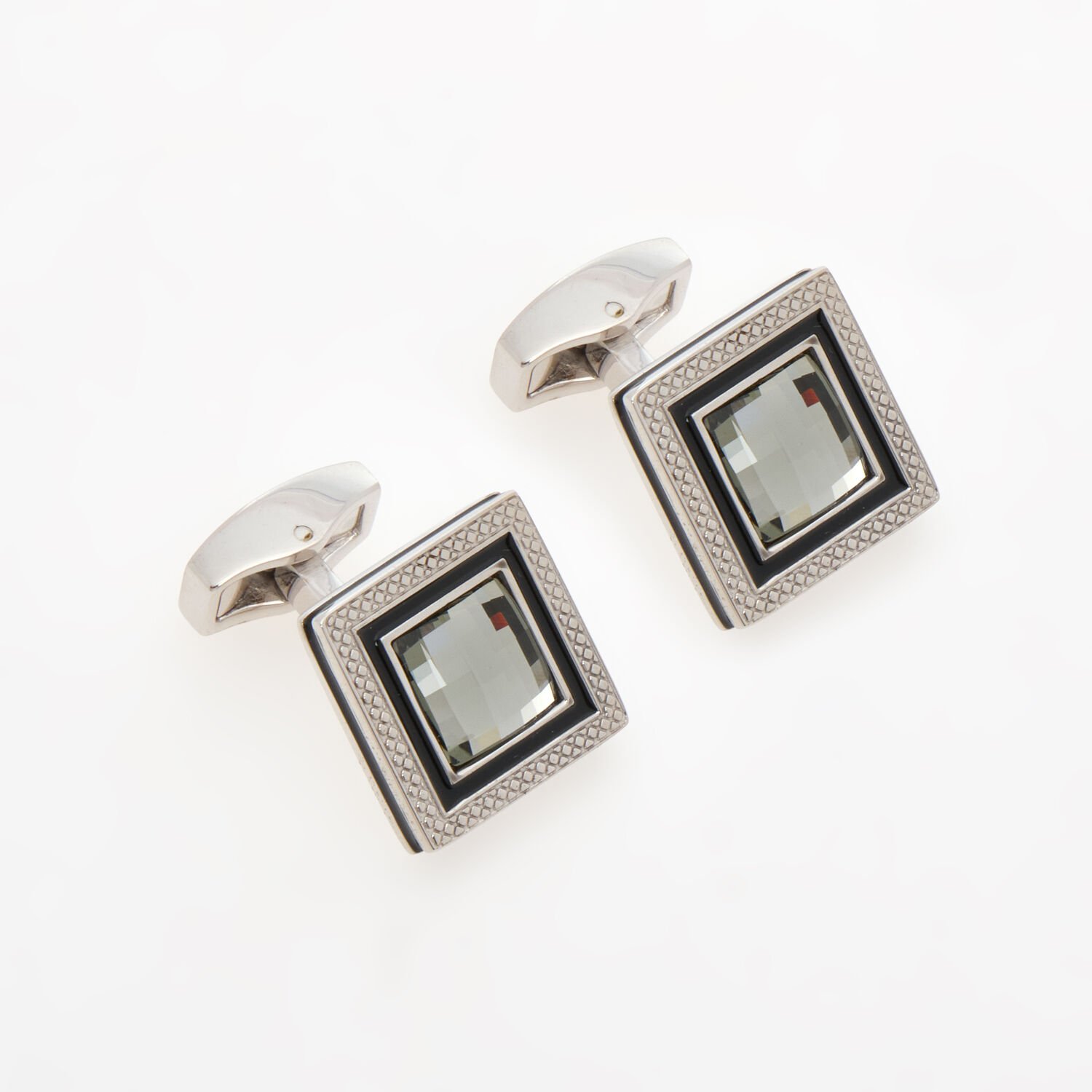 Tateossian Cufflinks Rhodium Black Enamel Swarovski Quadrato CL8923