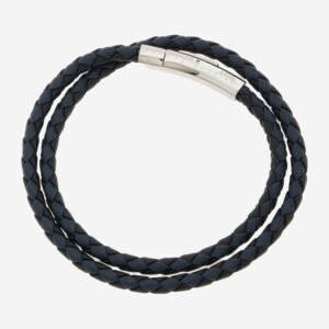 Tateossian Leather Woven Bracelet Navy Blue Wrap Clasp Men's 22cm Boxed