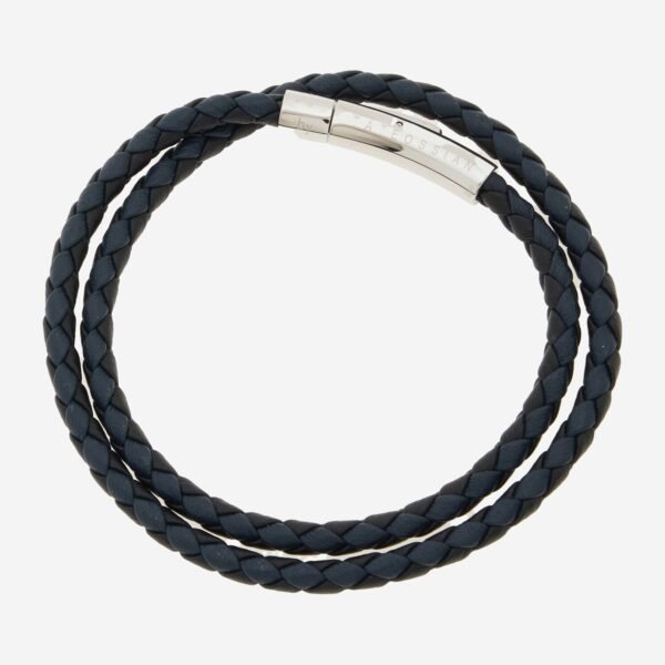 Tateossian Leather Woven Bracelet Navy Blue Wrap Clasp Men's 22cm Boxed