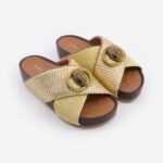 Kurt Geiger Cross Strap Sandals Chelsea Gold Black Slide Flat Women's UK