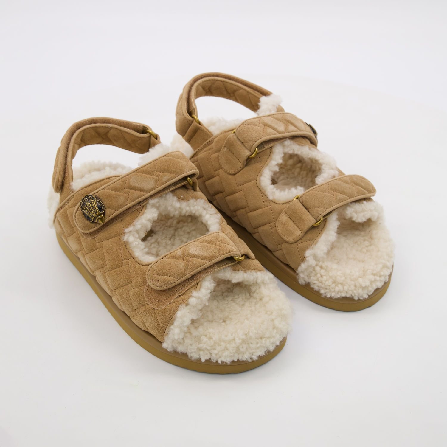 Kurt Geiger Flat Sandals Orson Teddy Beige Quilted Suede Eagle Women's 6 wp 17846009438082414673243718790584