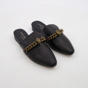 Kurt Geiger Mule Chelsea Black Leather Chain Studded Slip On Flat Loafers