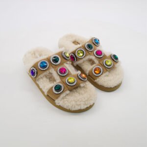 Kurt Geiger Sandals Orson Crystal Teddy Beige Suede Shearling Rhinestone Women