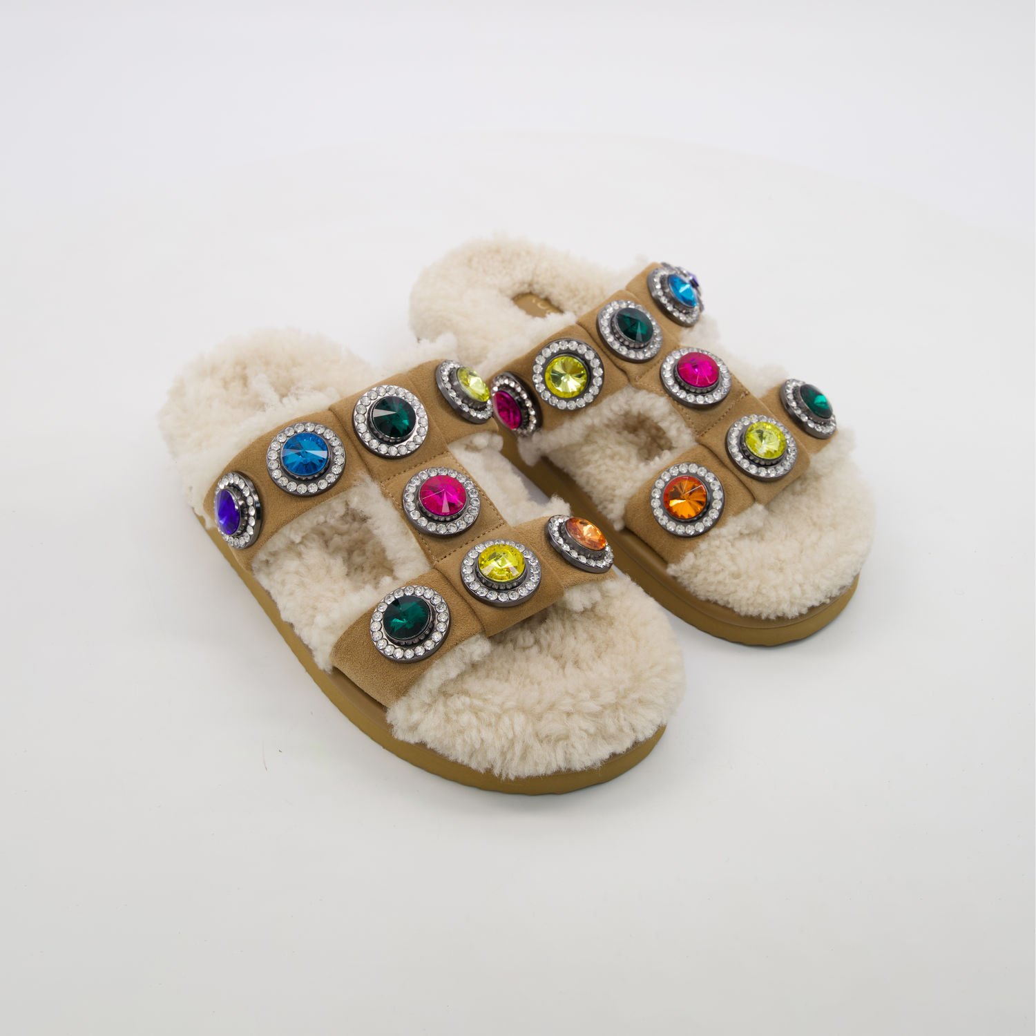 Kurt Geiger Sandals Orson Crystal Teddy Beige Suede Shearling Rhinestone Women 2 Kurt Geiger Sandals Orson Crystal Teddy Beige Suede Shearling Rhinestone Women