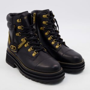 Kurt Geiger Ankle Boots Black Leather Gold Chain Chunky Platform Lace Up