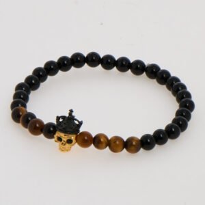 Tateossian Bead Bracelet Black Agate Brown Tiger Eye Skull Gold Tone BR1293