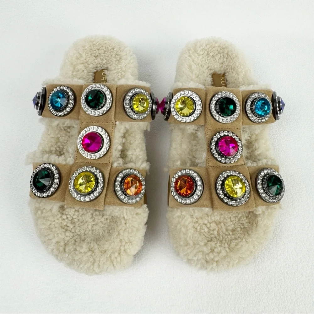 Kurt Geiger Sandals Orson Crystal Teddy Beige Suede Shearling Rhinestone Women 7 l wp 6800f42ad7555d828e44ad3c