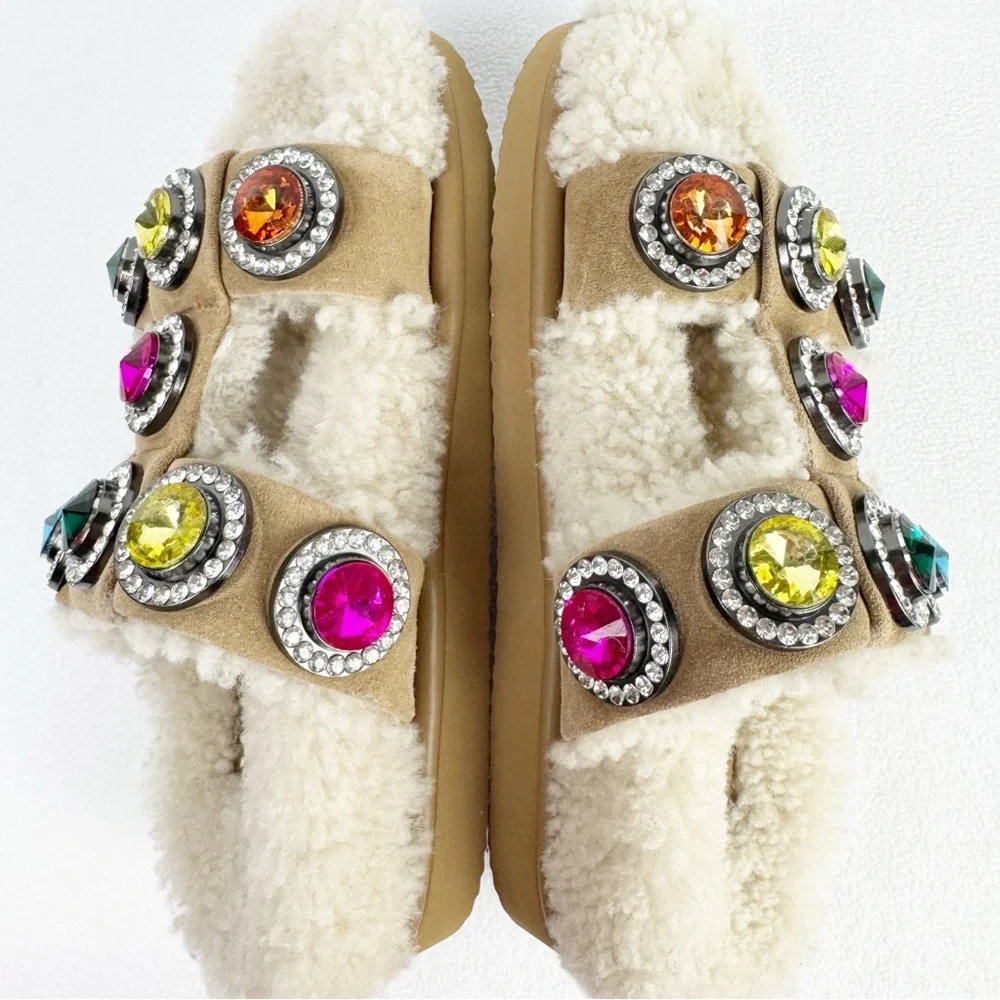 Kurt Geiger Sandals Orson Crystal Teddy Beige Suede Shearling Rhinestone Women 9 l wp 6800f42fdc3b4600fef11d26