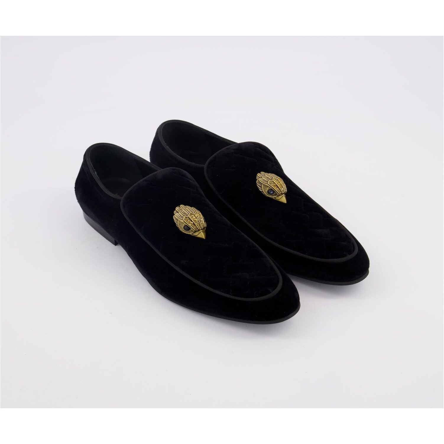 Kurt Geiger Hugh Velvet Loafers Black Eagle Head 1 Kurt Geiger Hugh black velvet loafers with quilted vamp and eagle motif