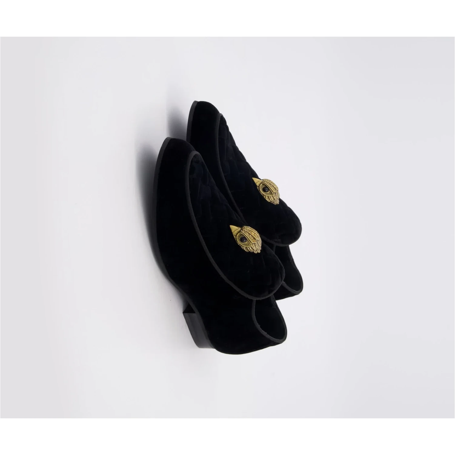 Kurt Geiger Hugh Velvet Loafers Black Eagle Head 3 Side view of Kurt Geiger Hugh black velvet slip-on loafers
