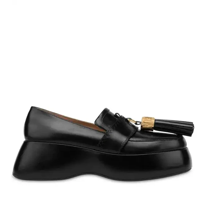 Moschino Women's Tassel Loafers Black Leather EU38/UK5/US7.5 4 Side profile of Moschino black leather loafer with chunky sole
