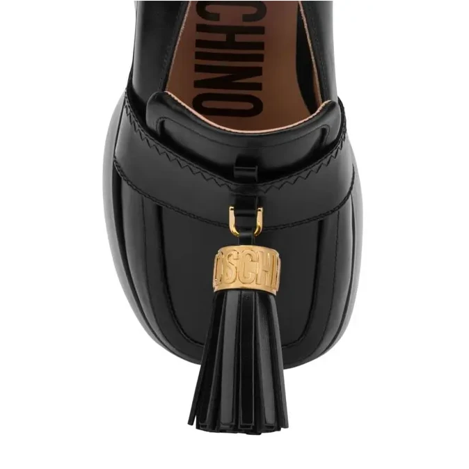 Moschino Women's Tassel Loafers Black Leather EU38/UK5/US7.5 1 Moschino black leather tassel loafer with gold-tone charm