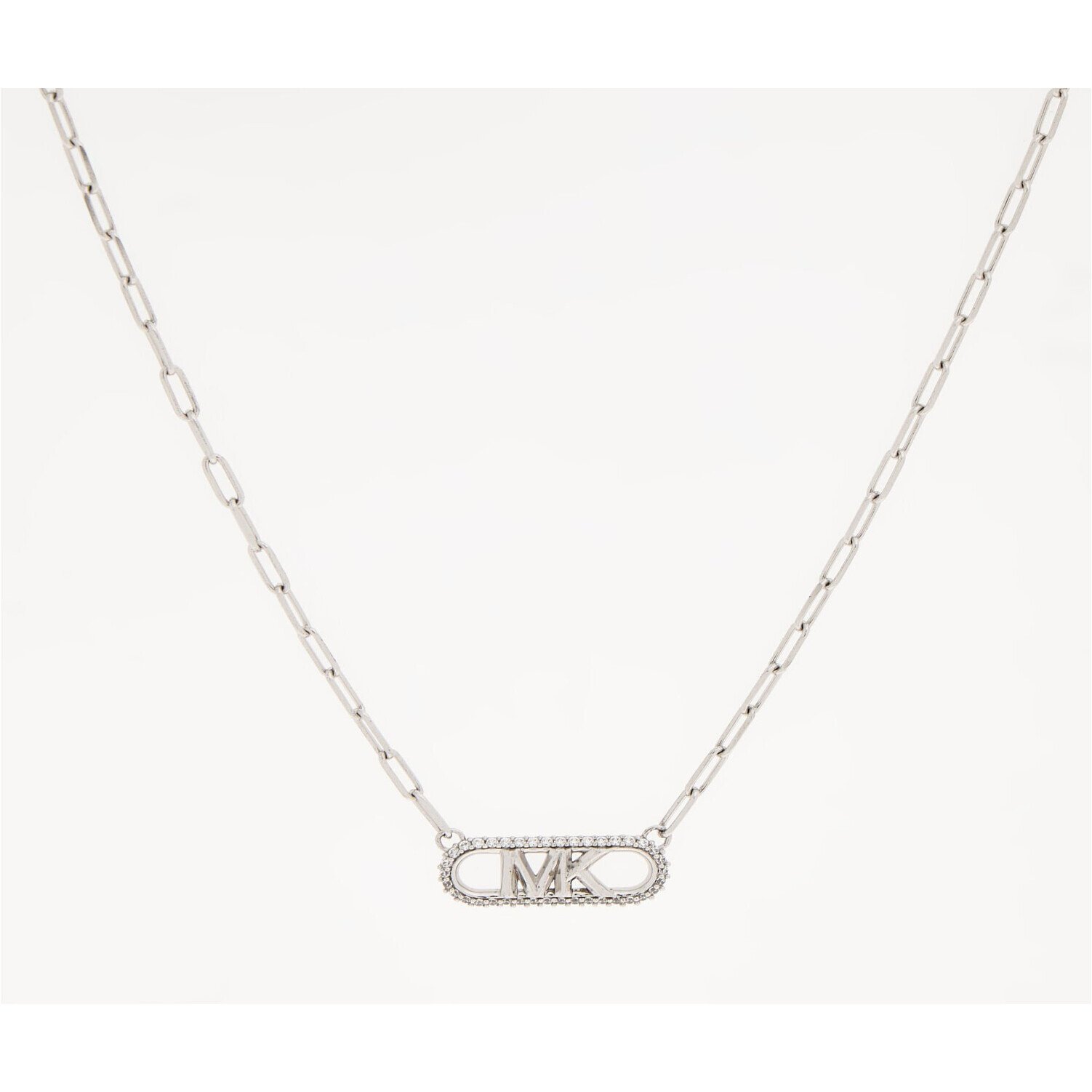 Michael Kors Pendant Necklace Sterling Silver MK Logo CZ 1 Michael Kors sterling silver MK logo pendant necklace with clear cubic zirconia