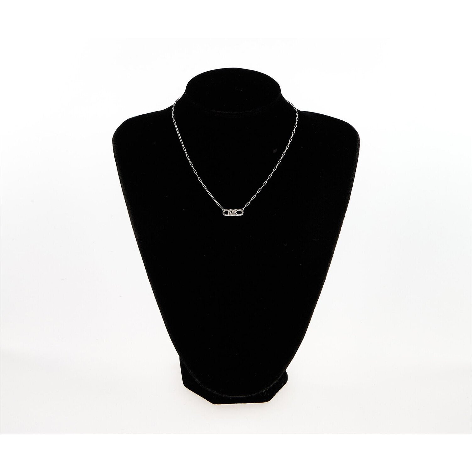Michael Kors Pendant Necklace Sterling Silver MK Logo CZ 3 Michael Kors MK pendant necklace displayed on a black jewellery bust