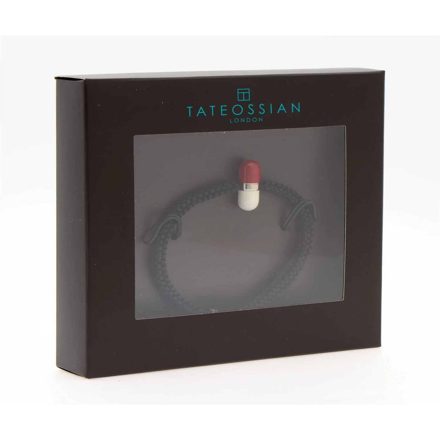 Tateossian Bracelet Elton John AIDS Foundation Black Braided Adjustable 1 Tateossian black braided bracelet with red and white capsule charm in presentation box