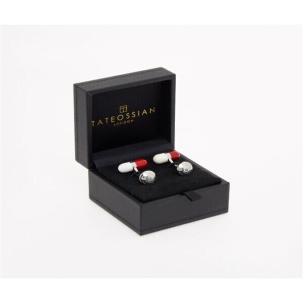 Tateossian Pill Cufflinks Elton John Red White Enamel Turquoise