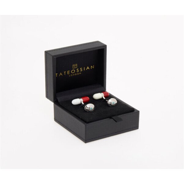 Tateossian Pill Cufflinks Elton John Red White Enamel Turquoise 1 Tateossian red and white pill-shaped enamel cufflinks in presentation box