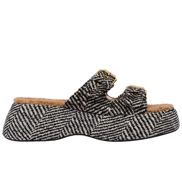 Moschino Women's Platform Sandals Black White Chevron Silk 4 Side view of Moschino black white platform sandals with rubber sole