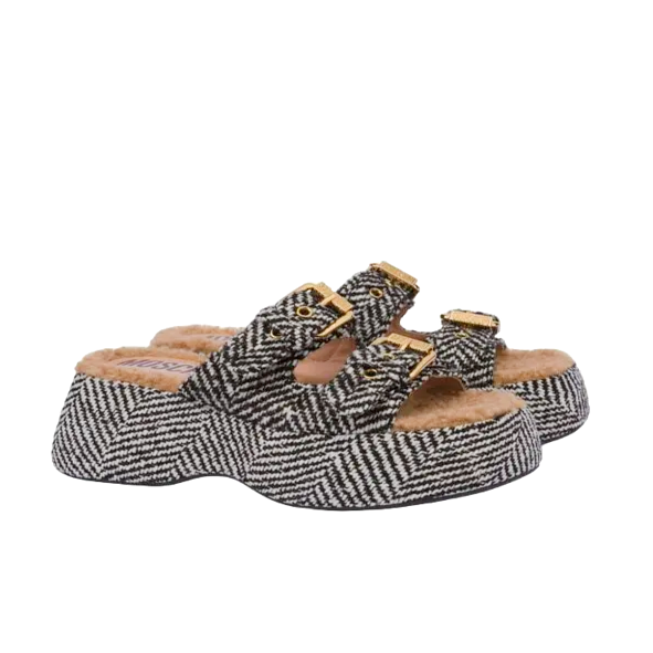 Moschino Women's Platform Sandals Black White Chevron Silk 3 Moschino women's chevron flatform sandals with gold-tone buckles