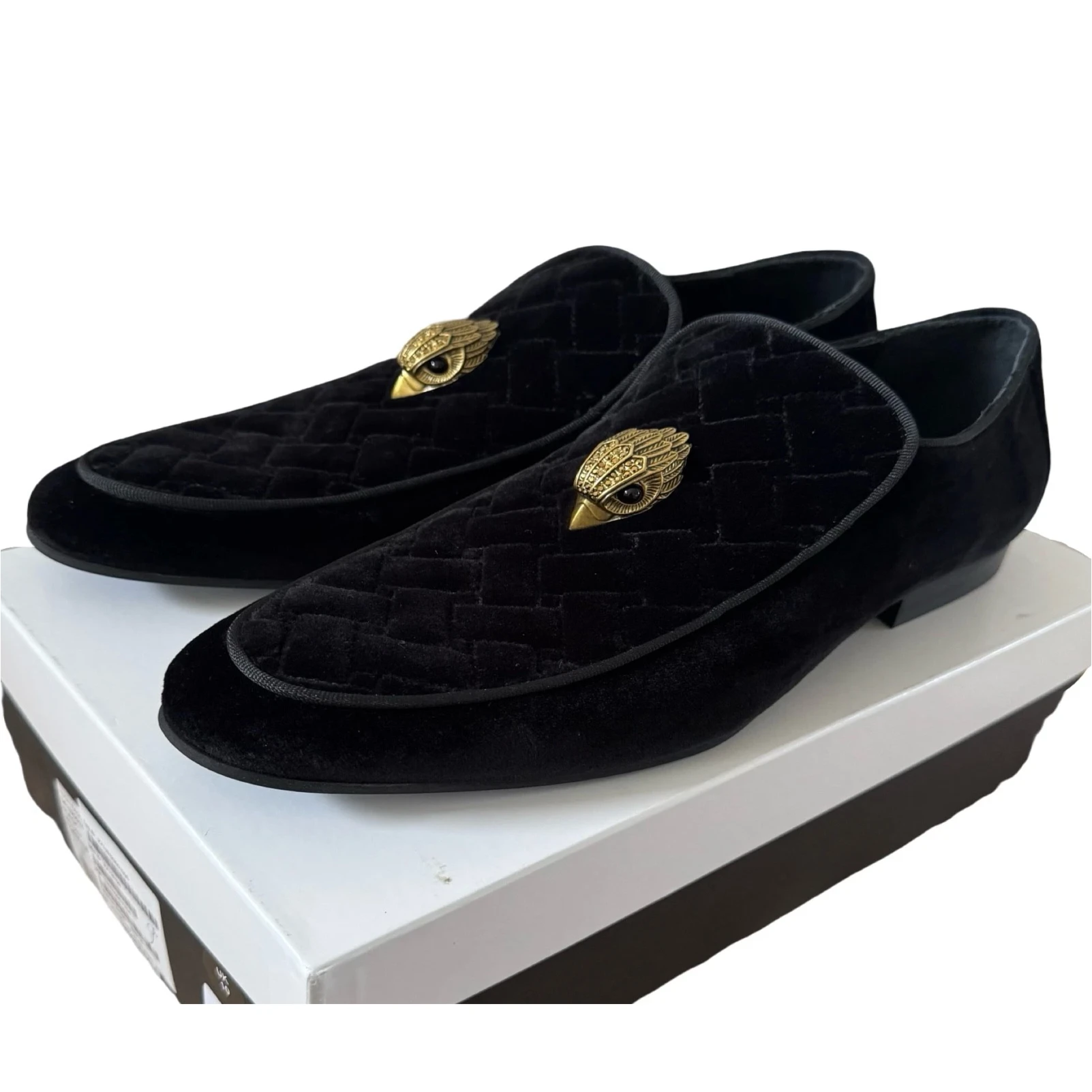 Kurt Geiger Hugh Velvet Loafers Black Eagle Head 6 Kurt Geiger Hugh black quilted velvet loafers on presentation box