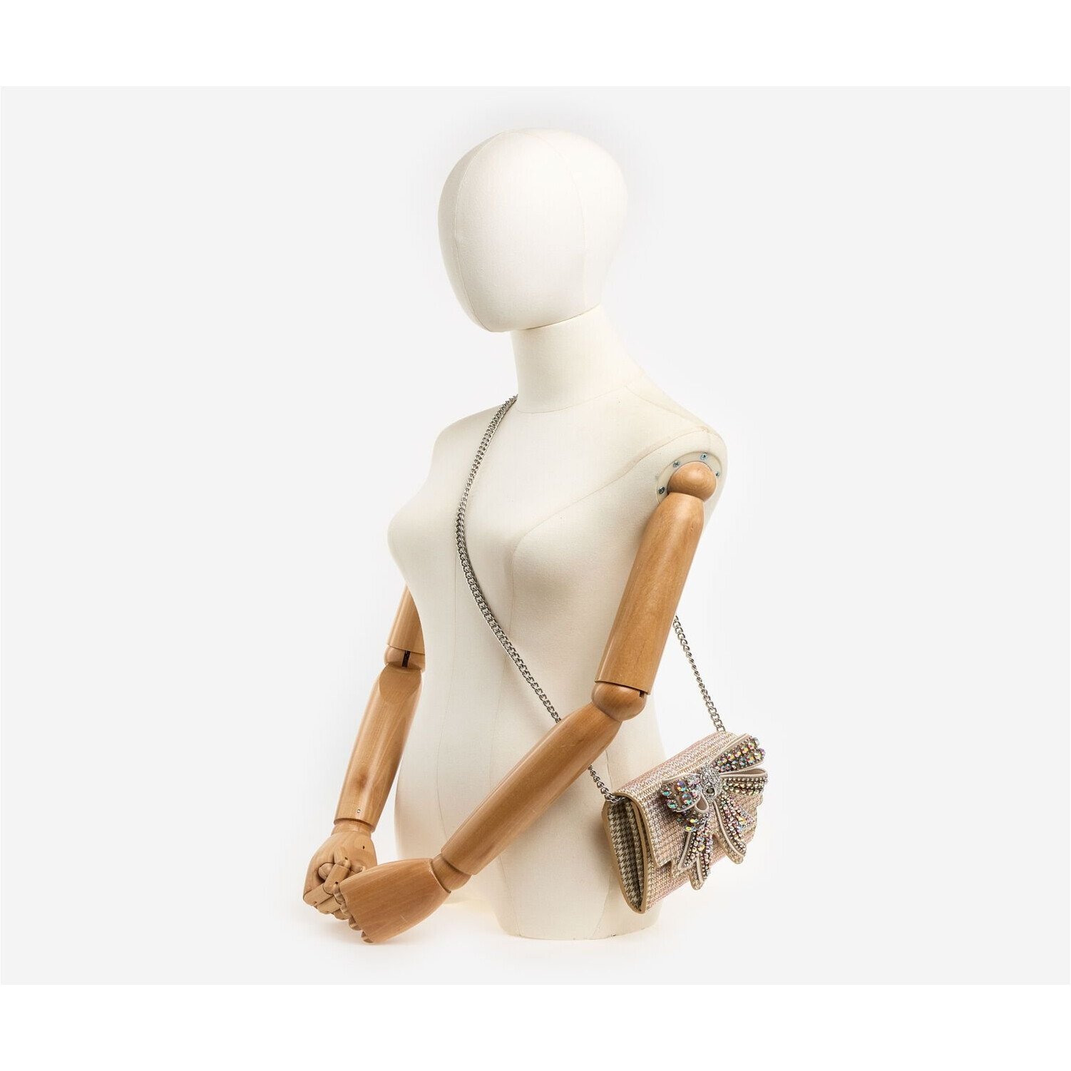 Kurt Geiger Crossbody Bag Small Shoreditch Bow Beige Gold 4 Kurt Geiger Shoreditch bow crossbody bag worn with silver chain strap