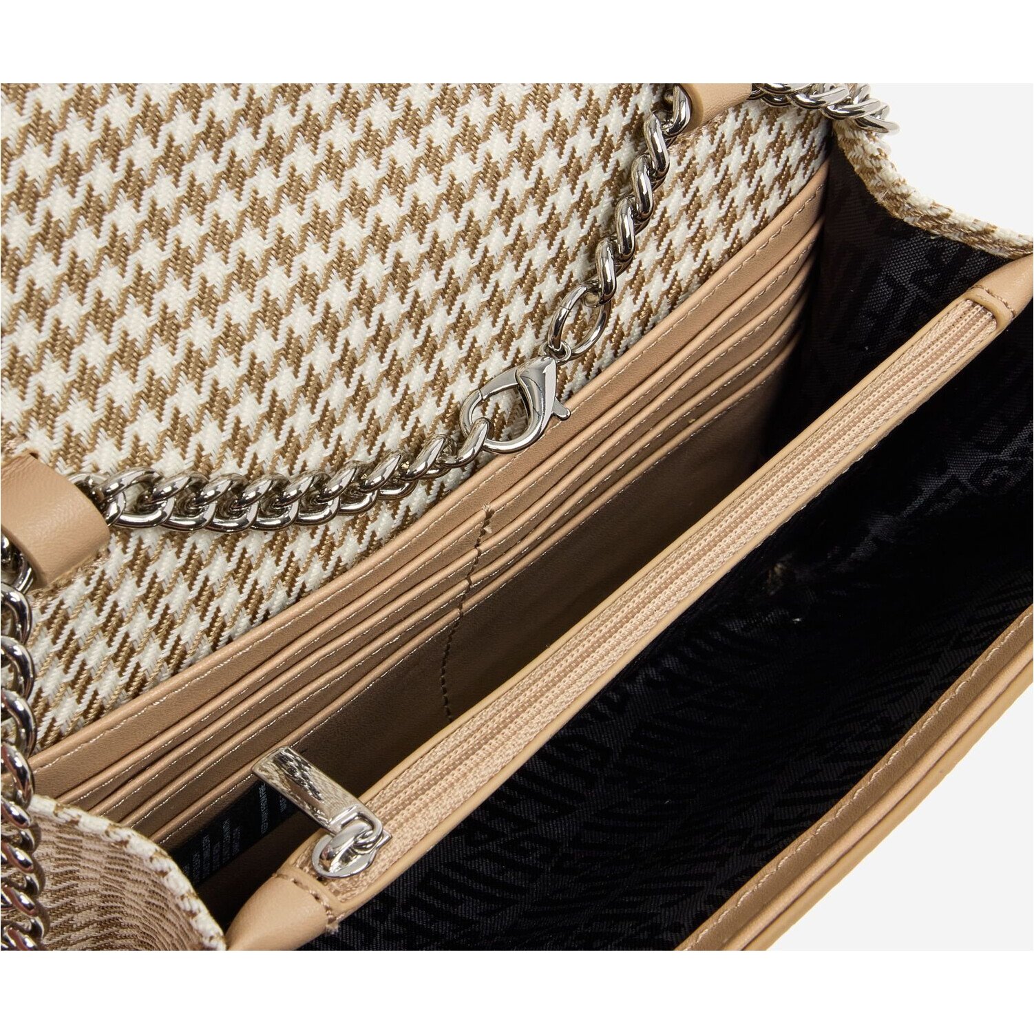 Kurt Geiger Crossbody Bag Small Shoreditch Bow Beige Gold 3 Kurt Geiger Shoreditch bag interior with card slots and chain strap