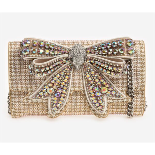 Kurt Geiger bow bag close-up in beige gold with crystal embellishment