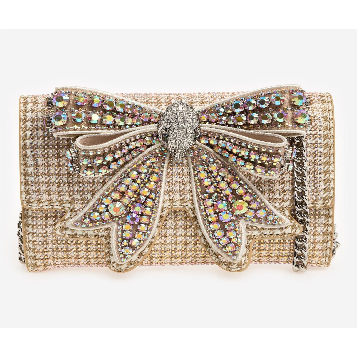Kurt Geiger Crossbody Bag Small Shoreditch Bow Beige Gold 1 Kurt Geiger bow bag close-up in beige gold with crystal embellishment