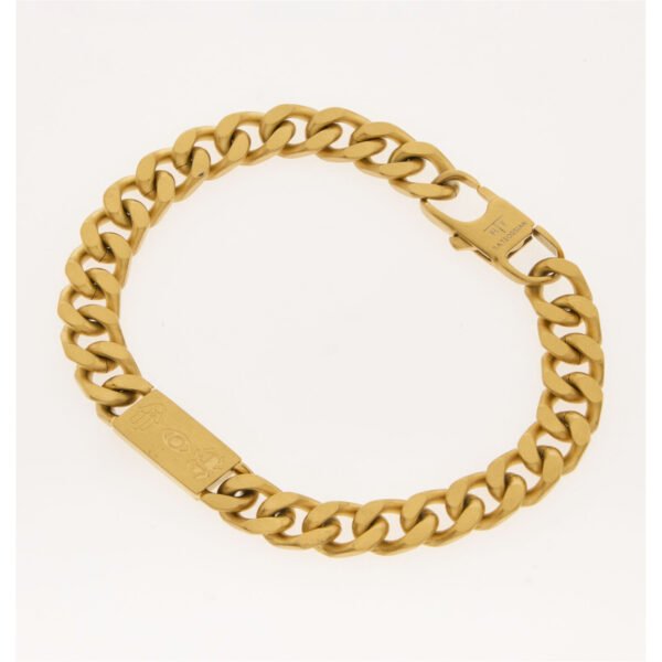 Tateossian gold tone curb chain bracelet with three engraved symbols