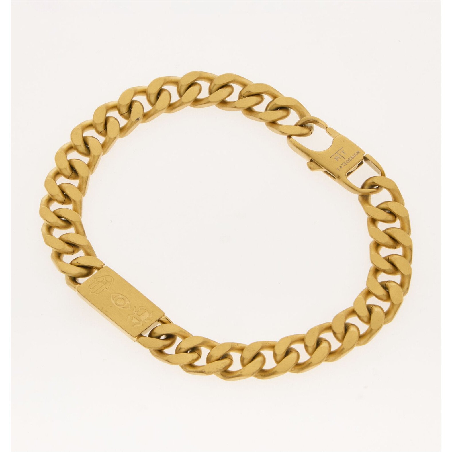 Tateossian Bracelet Meccanico Amulet Gold Tone BR2283 1 Tateossian gold tone curb chain bracelet with three engraved symbols