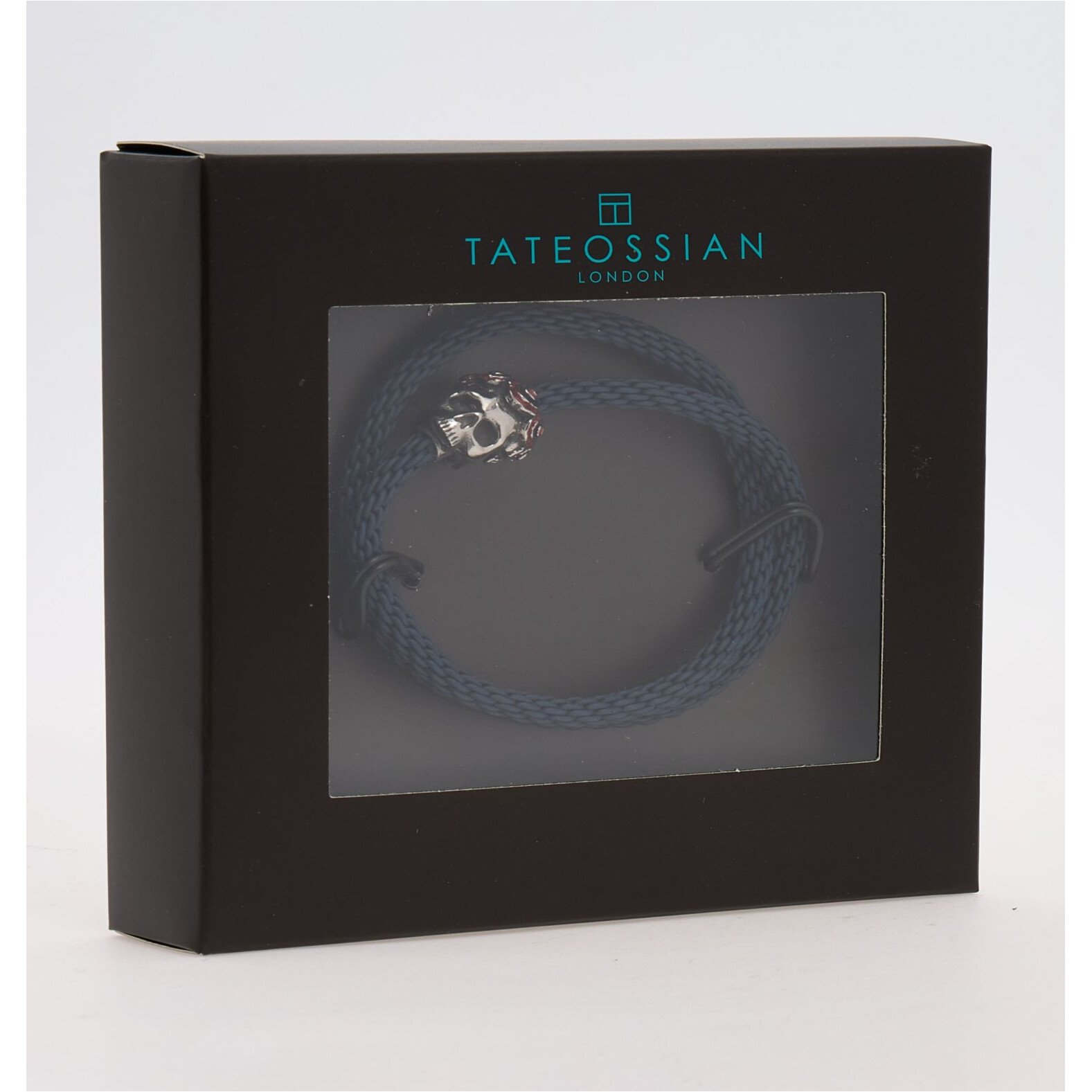 Tateossian Bracelet Gothic Skull Pop Rubber Navy Medium PBL0155 3 Boxed Tateossian Gothic Skull Pop navy bracelet in branded packaging