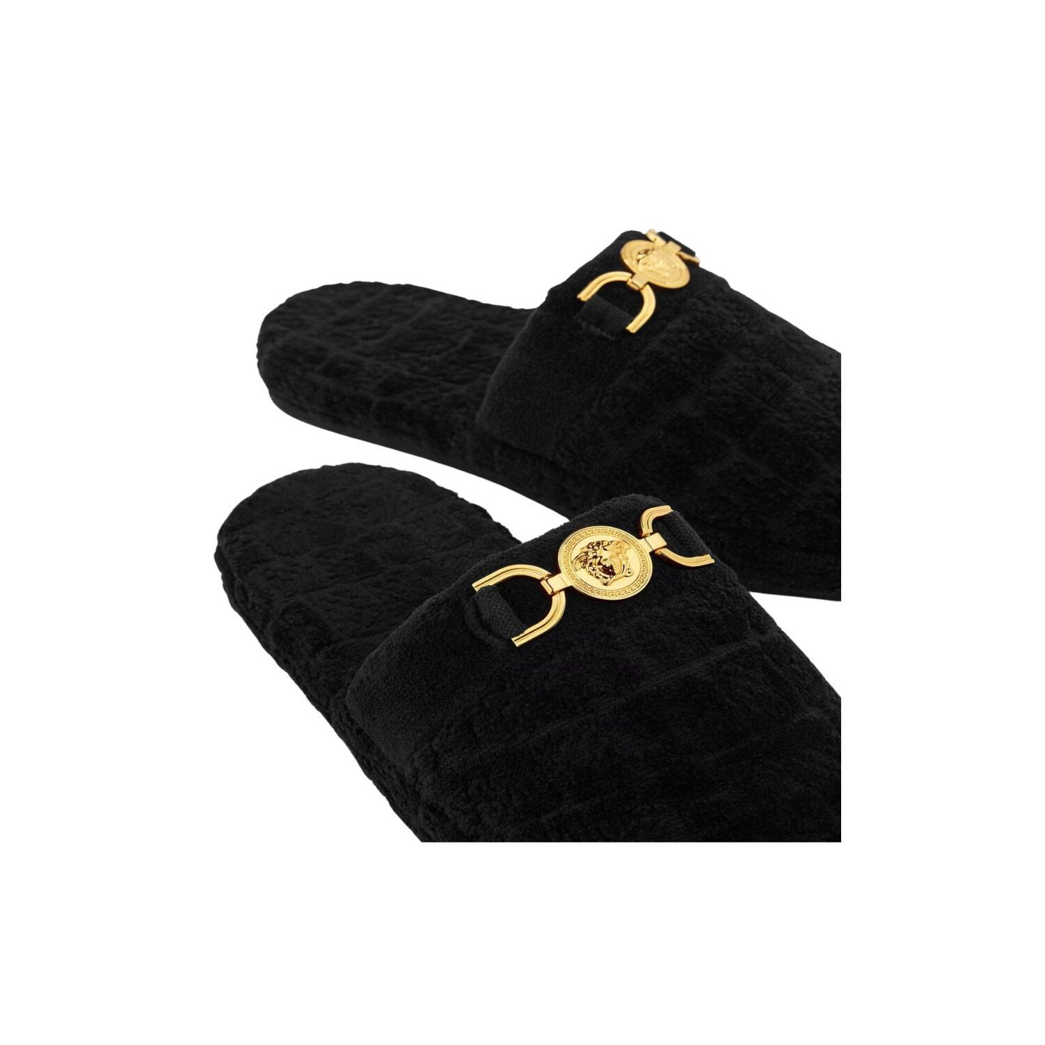 Versace Icon Medusa '95 Black Cotton Terry Slippers EU 37 10 Front view pair of black Versace Icon slippers