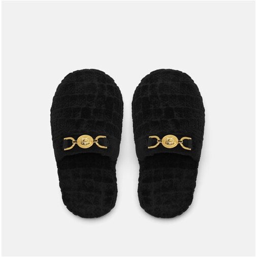 Versace Icon Medusa '95 Black Cotton Terry Slippers EU 37 8 Top view of black Versace Icon slipper with gold Medusa plaque