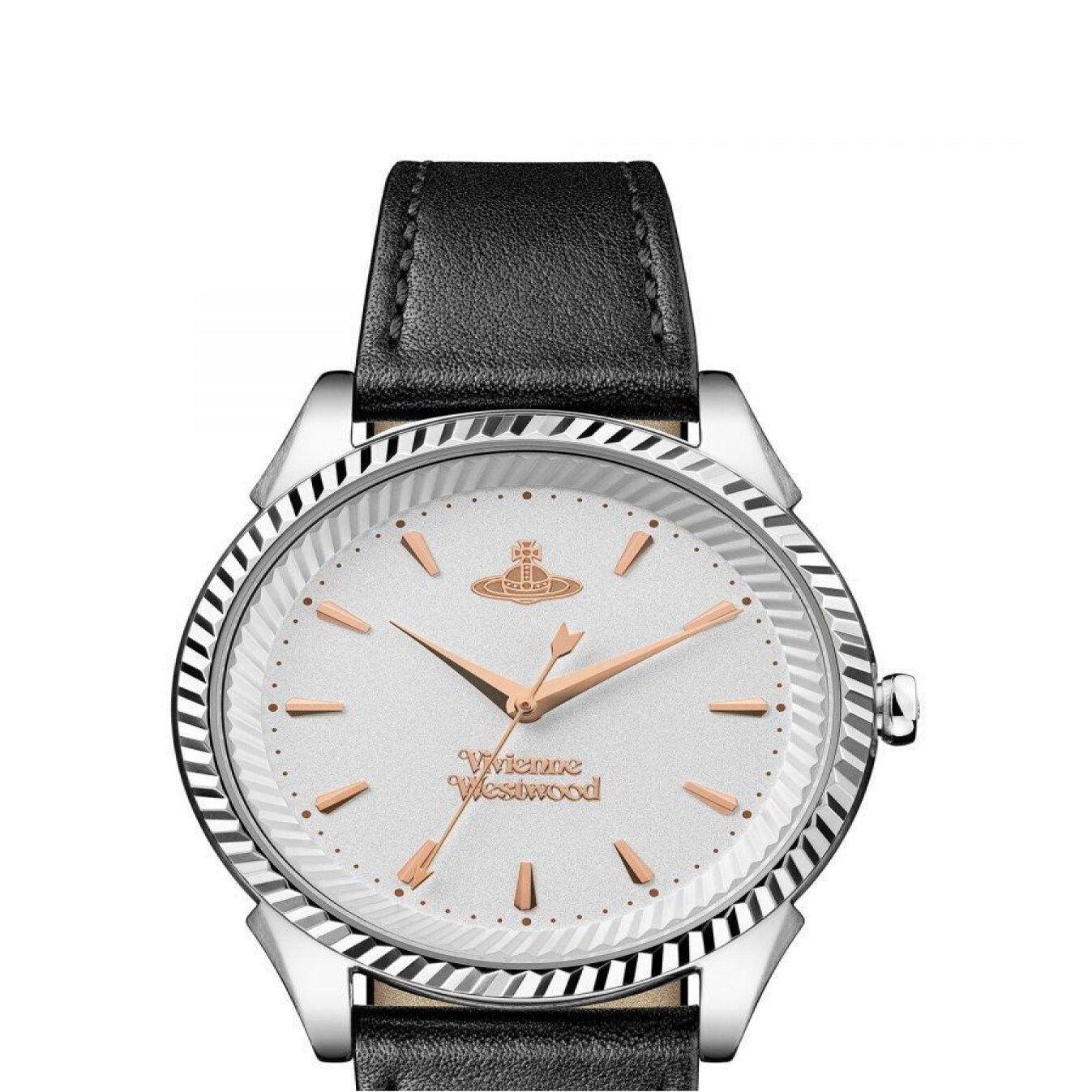 Vivienne Westwood Watch Seymour 38mm Quartz Black Silver VV240SLBK Unisex 3 Close-up of Vivienne Westwood Seymour white logo dial and coin-edged bezel
