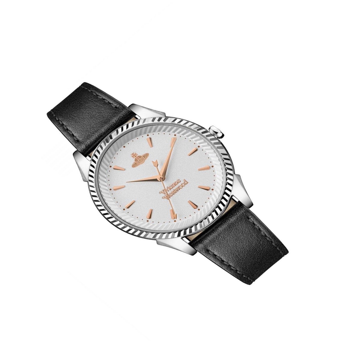 Vivienne Westwood Watch Seymour 38mm Quartz Black Silver VV240SLBK Unisex 4 Vivienne Westwood Seymour watch angled view with black leather strap
