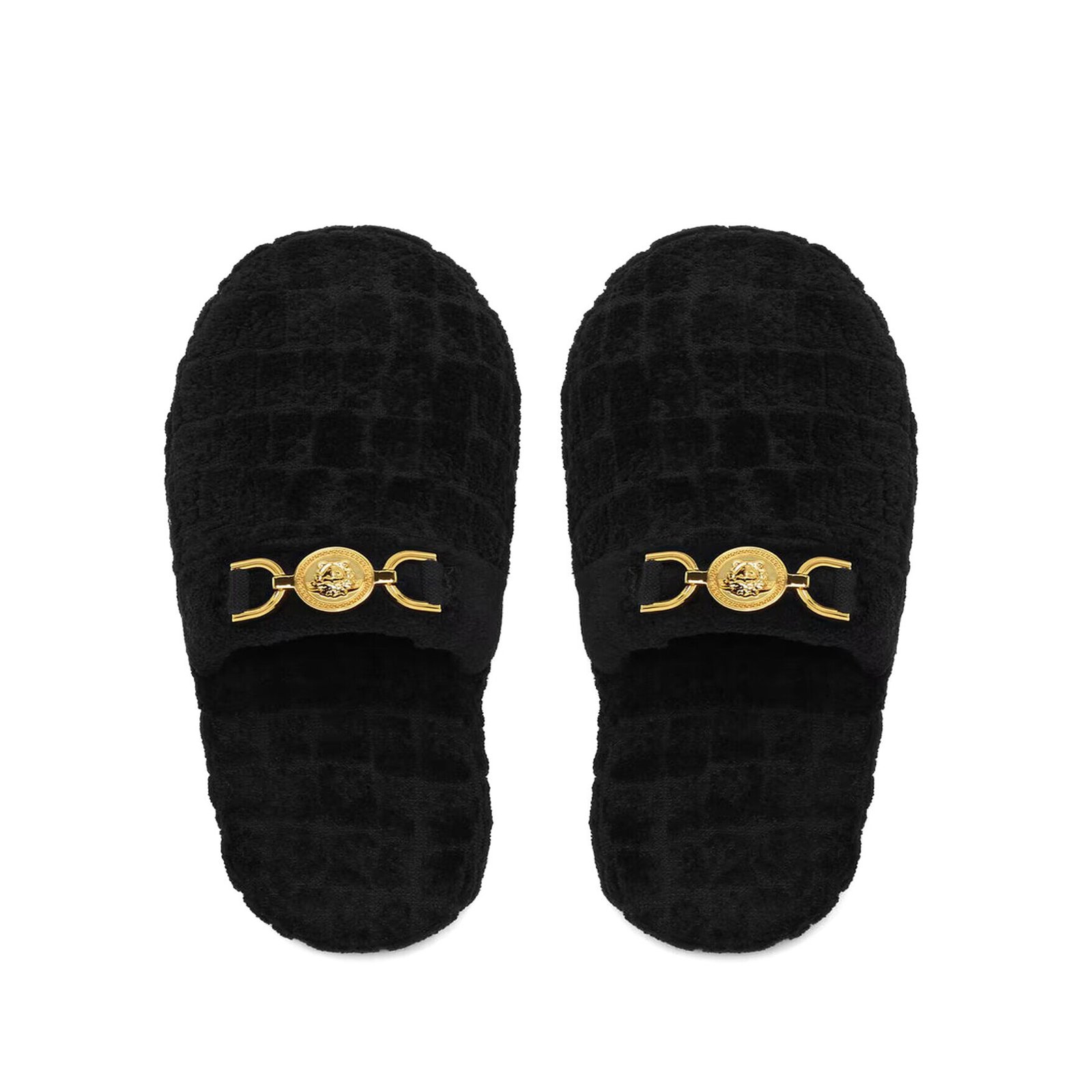 Versace Icon Medusa '95 Black Cotton Terry Slippers EU 37 9 Close-up pair of Versace Icon black Medusa slippers