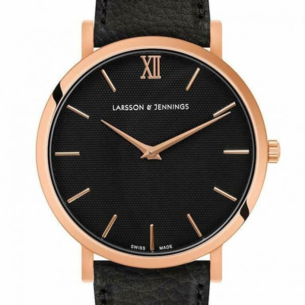 LARSSON & JENNINGS Sloan Guilloche Lugano Leather 40MM Rose Gold Black