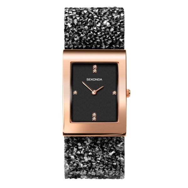 Seksy Rocks Ladies Stone Set Black Leather Strap Watch 2581