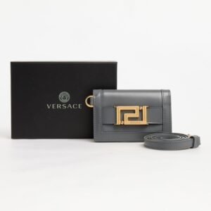 Versace Unisex Grey Leather Greca Goddess Logo Card Case with Detachable Strap