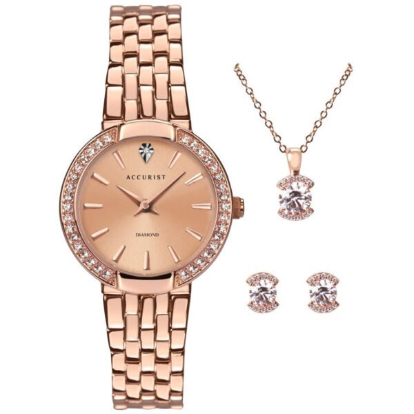Accurist Rose Gold Real Diamond & Crystal Watch Earring Necklace Set 8375G