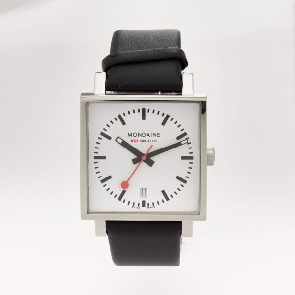 Mondaine Evo Big Square Watch, White Face, Black Leather, Date, A661.30343.11SBB