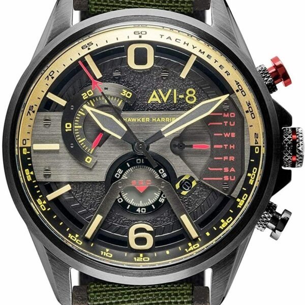 AVI-8 Men's Pilot Watch AV-4056-03 Hawker Harrier II Dual Retrograde Gunmetal Dial Green Leather Strap