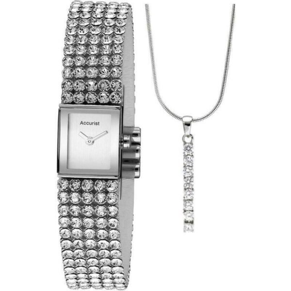 Accurist LB1507 Ladies Silver Dial and Crystal Set Strap Watch And Pendant Set