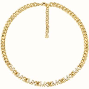 Michael Kors 14K Gold-Plated Brass Collar Necklace Repeating Logo Curb Link MKJ7959710]