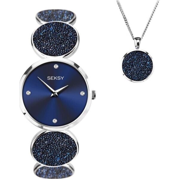 Seksy 2929G Gift Set – Sekonda Quartz Watch & Necklace, Blue Dial, Swarovski Crystals