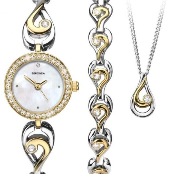 Sekonda White Dial Two Tone Ladies Watch Bracelet and Pendant Gift Set 2512G