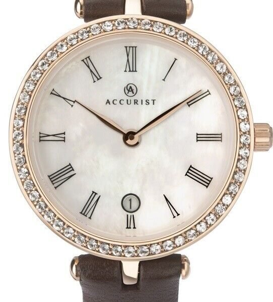 Accurist Watch 8227 Mother of Pearl Dial Crystal Set Leather Strap