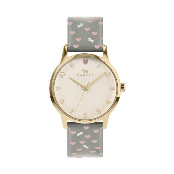 Radley Ladies Watch RY21320A Gold Tone Dial Heart Print Grey Leather Strap