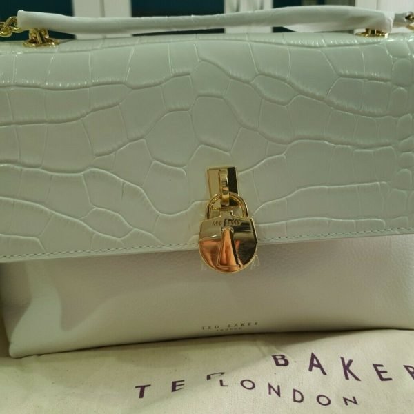 TED BAKER MACCIIE EXOTIC CROC LEATHER PADLOCK CROSS BODY BAG WHITE