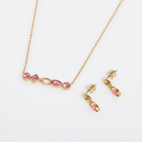 Coach Signature Gold-Tone Necklace and Earrings Jewellery Set with Pink Crystal